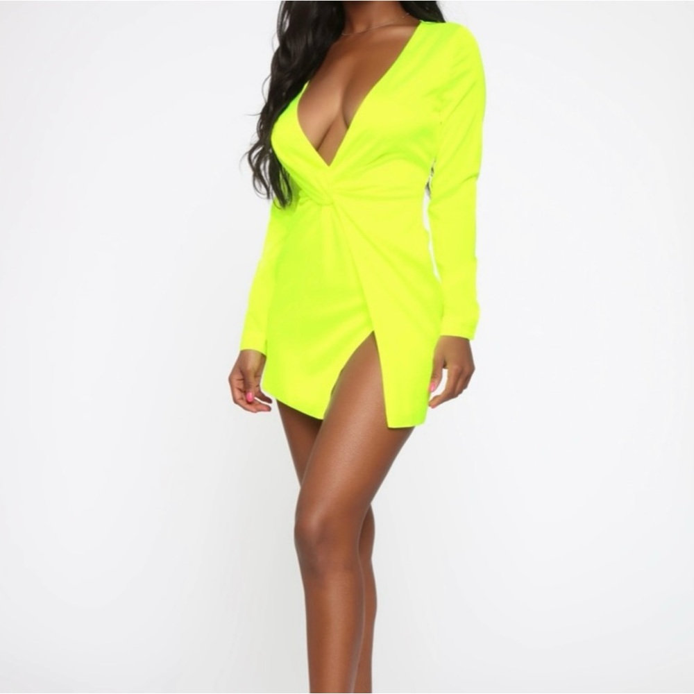 FASHION NOVA Sugar Free Dress Satin Neon Yellow NWT - Picture 3 of 14
